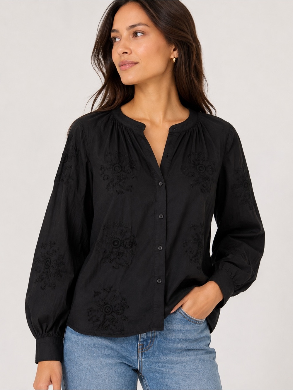 Old Navy Floral Embroidered Top Black Jack XL Cotton Boho Blouse Button-Down